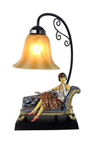 42cm Art Deco/Nouveau Table Lamp Twenties Lady Figurine On Chaise Polystone Glass Shade Light Bulb Included