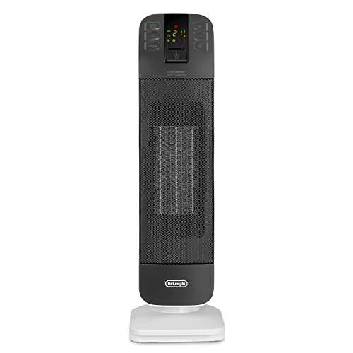 De'Longhi Bend Line, Remote controlled Ceramic Fan Heater 2kw, Digital Control Panel, Anti Frost Frunction,Oscillating base, Auto-Off, 24hr timer, For Rooms up to 60m3, HFX65V20, Black and White