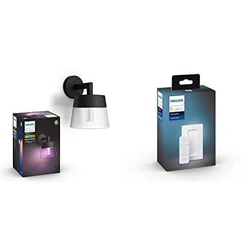 Philips Hue Attract White & Colour Ambiance LED Smart Outdoor Wall Light Down Lantern 2 Pack [Black]+ Hue Dimmer Switch. Works with Alexa, Google Assistant and Apple HomeKit