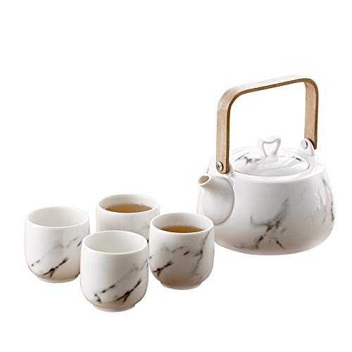 Japanese Classic Marble Ceramic Tea Set with Flower Pattern,Teapot & 4 Teacups.