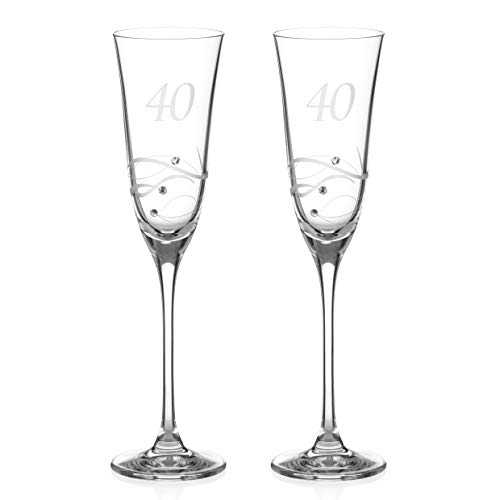 DIAMANTE Swarovski 40th Birthday or Anniversary Champagne Glasses – Pair of Crystal Champagne Flutes with Hand Etched “40” with Swarovski Crystals