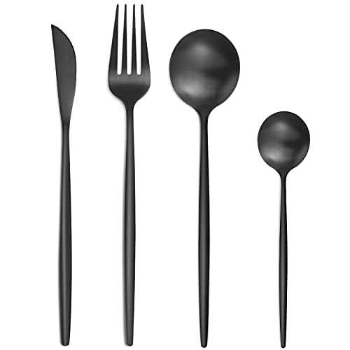 Bestdin Matte Black Cutlery Sets, Elegant Stainless Steel Cutlery Set 16 Pieces, Kitchen Cutlery Set for 4, Suitable for Home/ Party/ Restaurant, Black Titanium Coating and Dishwasher Safe