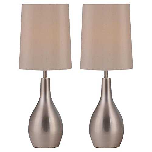 Set of 2 Satin Nickel Table Lamps or Bedside Lights Modern Design Lamps Champagne Faux Silk Shades Height 49 cm LED Compatible