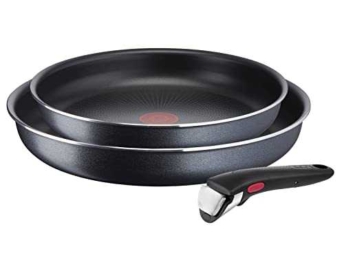 Tefal L15891 Ingenio XL Force 3-Piece Pan Set 24/28 cm + 1 Removable Handle Stackable Non-Stick Coating Thermal Signal Temperature Indicator Grey / Blue