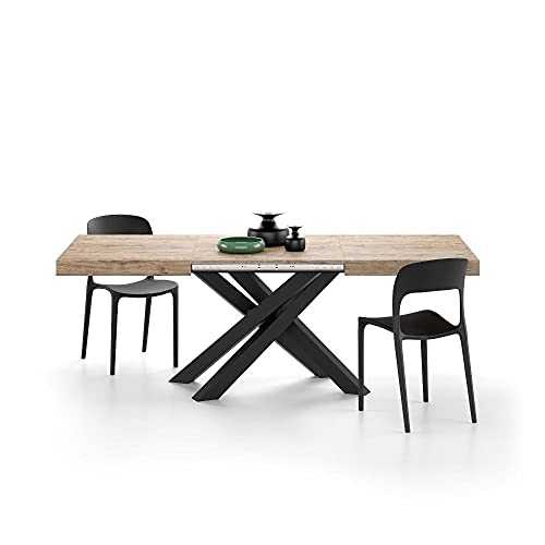 Mobili Fiver, Extendable table with black crossed legs Emma 140, Color Oak, Laminate-finished/Iron, Made in Italy