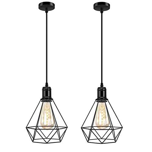 Vintage Pendant Ceiling Light Industrial Flush Mount Caged Pendant Light Hanging Lamp Shade Oil Rubbed Finish Metal Cage Adjustable for Kitchen Hallway Entryway(No Bulb)-2pack