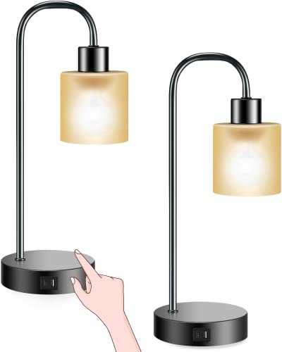 keymit Touch Bedside Lamp, Black 3 Way Dimmable Industrial Lamp, 1 USB Ports, Gold LED Edison Lamp, 1 Type C, Minimalist Table Lamp, LED Bulb Included 2Pack
