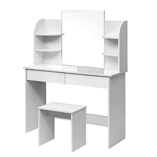 WOLTU Dressing Table White with a Large Mirror Makeup Vanity Table Bedroom Dresser Set with Dressing Stool & 2 Drawers & 4 Shelves for Ample Storage MB6044ws