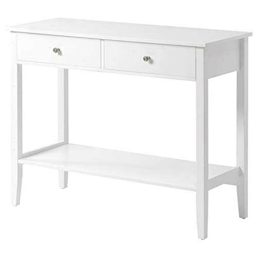 JT Console Table with Two Drawers, White Study PC Desk Workstation with Pine Wood Legs for Living Room Bedroom Hallway, Study Desk for Study Room (White)