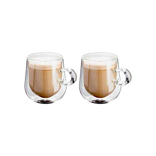 Judge JDG35 Double Walled Glass Coffee Cups with Handle, Set of 2 Hollow Vacuum Sealed, Hand Made, Heat Resistant, Dishwasher Safe, 275ml Latte Cup