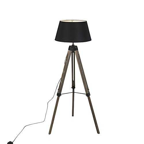 QAZQA Industrial Industrial Floor lamp on Wooden Tripod with Black Hood - Rio Wood/Fabric Other E27 Max. 1 x 40 Watt/Indoor Lighting/Lights/Lamps/Living Room