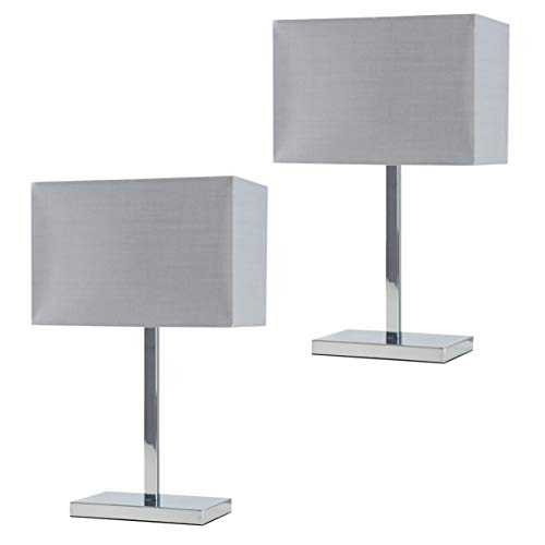 Pair of - Modern Polished Chrome Square Tube Table Lamps with a Grey Rectangular Shade