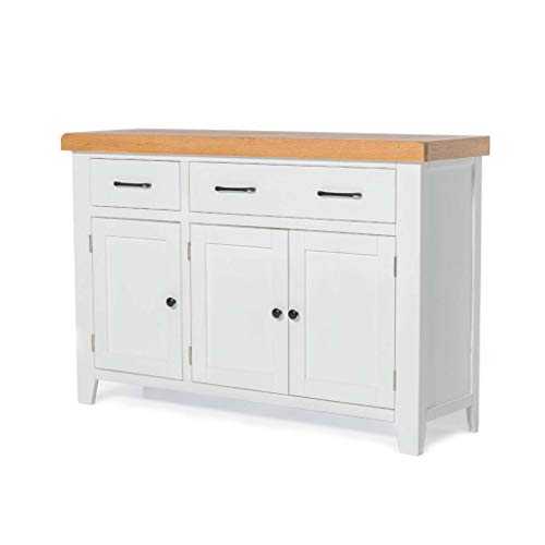 RoselandFurniture Chatsworth White Large Sideboard Cabinet with Drawers | Contemporary Painted Solid Wood 3 Door Storage Cupboard with Oak Top for Dining Room, Living Room or Hallway, Fully Assembled