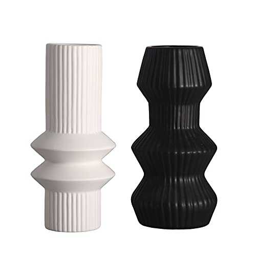 TERESA'S COLLECTIONS Black White Modern Geometric Ceramic Vase for Flowers, Set of 2 Decorative Vases for Home Decor, Handmade Glazed Vase for Living Room, Bedroom and Mantel, 21.5cm Tall