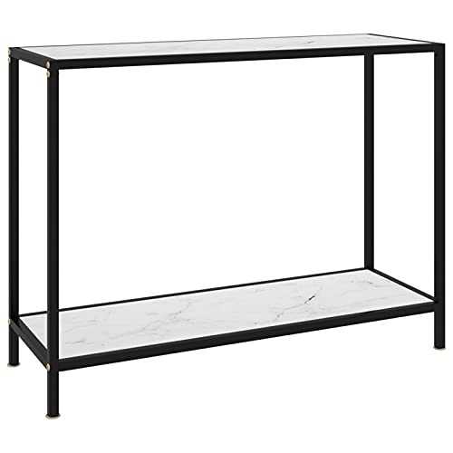 Foecy Tempered Glass Table/Modern Sofa or Entryway Table/Industrial Console Table for Living Room and Corridor/Easy Assembly/Narrow Side Table/Console Table White and Black 100x35x75 cm Tempered Glass