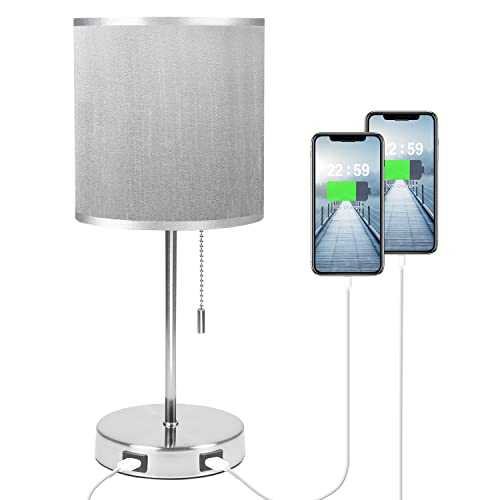 USB Grey Bedside Table Lamp, Seealle Nightstand Desk Lamp with Grey Fabric Lampshade,2 USB Fast Charging Port, Convenient Pull Chain for Bedroom,Living Room