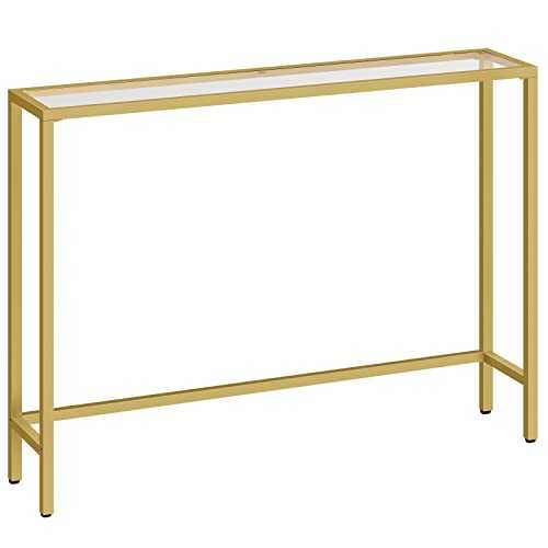 HOOBRO Gold Console Table, Tempered Glass Sofa Table, Slim Hallway Table, Glass Console Table, 100 x 22 x 80 cm, Modern Display Table for Living Room, Sturdy, Metal Frame, Gold EGD01XG01