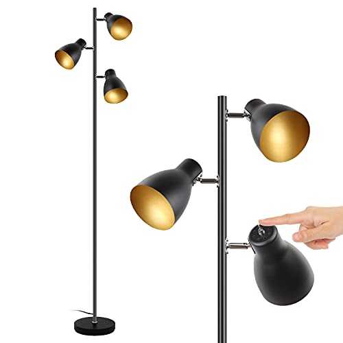 Osasy Updated Reading floor lamp,Tree Floor Lamp with 3 Adjustable Rotating Lights, Independent Control, retro Metal,black-golden,E14 socket, 168 CM Floor Lamps For Living Rooms & Bedrooms,Office,Home