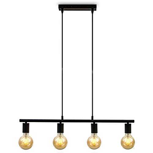 B.K.Licht Pendant Light, Vintage Retro Design, 4 x E27 Sockets, max 60W, Total Height 47.2in, Kitchen, Living & Dining Room Ceiling Light, Industrial Style, Black Metal