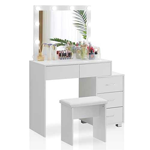 TUKAILAi Large White Dressing Table with Led Light Mirror and Cushioned Stool, 5 Drawers Makeup Desk Vanity Set with Hollywood Style Bulbs & Extensible Bedside table for Storage Bedroom Furniture