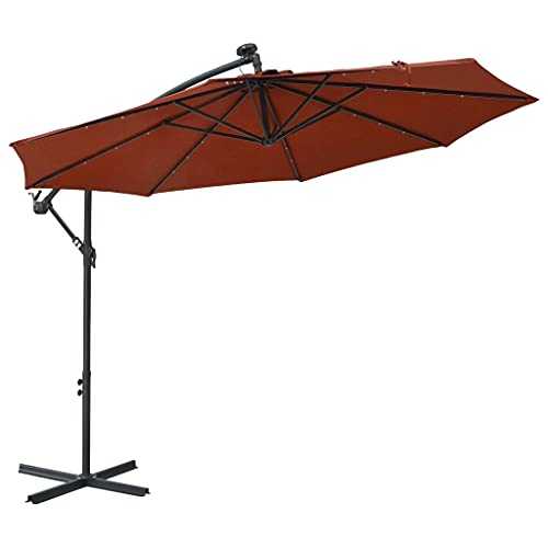 vidaXL Cantilever Umbrella with LED Lights and Steel Pole Lawn Garden Outdoor Living Sunshade Patio Garden Parasol Sun Shelter Terracotta