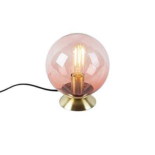 QAZQA Art Deco Table Lamp/Table Light Brass with Dark Pink Shade - Pallon Glass/Steel Globe E27 Max. 1 x 25 Watt/Indoor Lighting/Lights/Lamps/Living Room