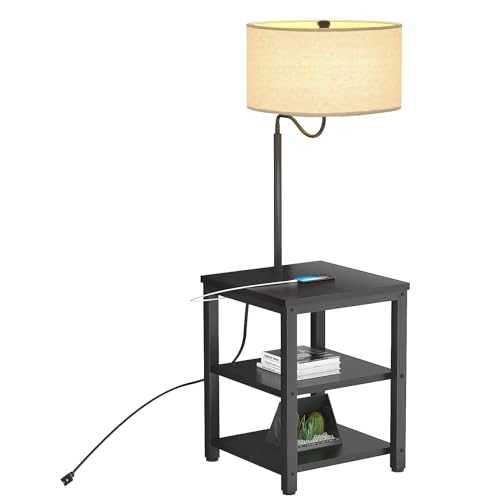 AntLux Floor Lamp with Side Table - USB Charging Port, Power Outlet, End Table and Lamp, Modern Bedside Nightstand with Industrial Floor Light for Living Room, Bedroom, Edison LED Bulb, Black
