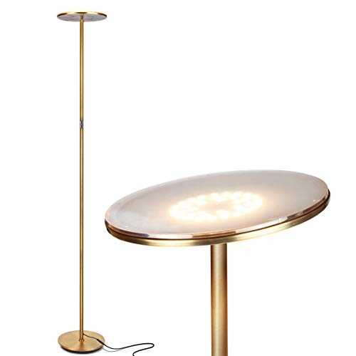 Brightech Sky Flux - The Very Bright LED Torchiere Floor Lamp, for Your Living Room & Office - Halogen Lamp Alternative with 3 Light Options Incl. Daylight - Dimmable Modern Uplight - Brass