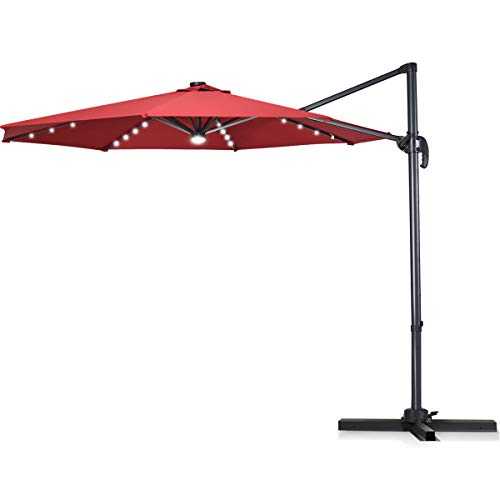 COSTWAY 3M Outdoor Parasol, 6 Positions Adjustable Sun Umbrella with LED Lights, Cross Base and Winding Crank, 360° Rotation Sunshade Shelter for Garden Patio Market (Wine Red)