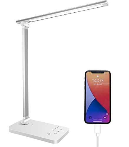 Desk Lamp, LED Table Lamps with USB Charging Port, 5 Color Mode,5 Brightness Level, Touch Control, 45 Min Auto Timer, Relax Mode, Daylight Bedside Light for Home Office Study Bedroom Nail Kids