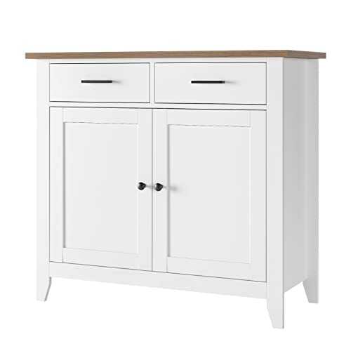 HOCSOK Sideboard, Kitchen Storage Cabinet with 2 Drawers and 2 Doors, Freestanding Cupboard for Kitchen, Living Room, Dining Room, Hallway, White & Oak, 91x40x82cm