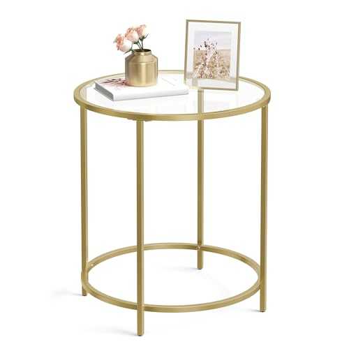 VASAGLE Round Side Table, Glass End Table with Metal Frame, Gold Coffee Table with Modern Style for Living Room, Balcony, Bedroom