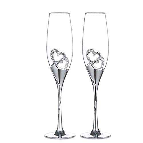 KJGHJ 2Pcs Pair Heart Shape Metal Crystal Wedding Champagne Glass Toasting Flutes Rhinestone Banquet Marriage Decoration Sherry Goblet, Champagne Flutes (Color : 2PCS Rose Gold Box)