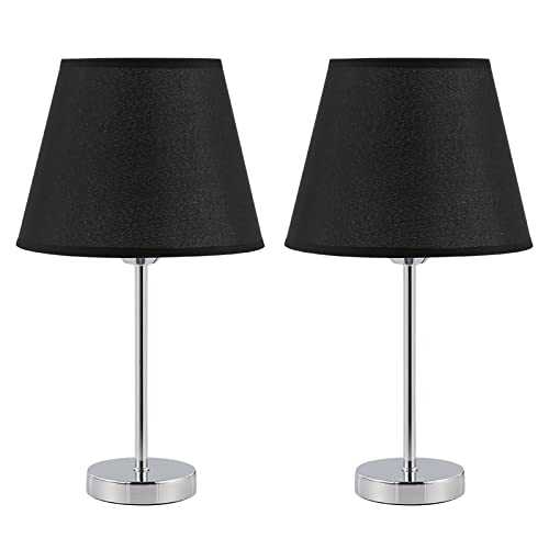 UOMIO Table Lamp Set of 2 for Living Room with Black Lampshade Modern Bedside Table Lamps with Silver Metal Base & E27 Bulb Base Nightstand Lights for Home Bedroom