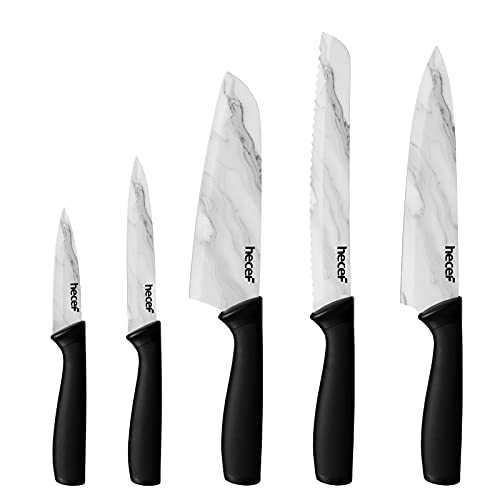 Hecef Non-Stick Ceramic Coated Ariston Marble Pattern Knife Set, 5 Pieces Stainless Steel Kitchen Knives, Professional Chef Knife Set with Protective Blade Guards