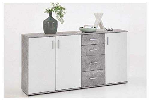 SlumberHaus Urban 3 Door 4 Draw White & Grey Stone Concrete Sideboard Cabinet Unit