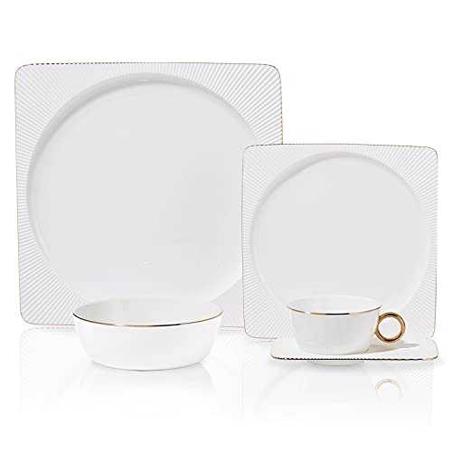 Chulan Dinnerware Sets, Bone China Dinnerware Sets for 1 Person, Square Sun Collection, Modern Tableware (Dinner Plate, Salad Plate, Cereal Bowl, Coffee Mug, Saucer)