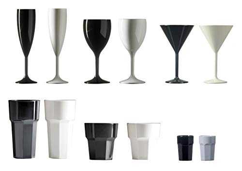 Remedy Polycarbonate Black and White Complete Party Drinkware Set with Champagne Flutes, Wine Glasses, Martini Glasses, Hiball Tumblers, Short Tumblers and Shot Glasses(12 of Each) Set of 72