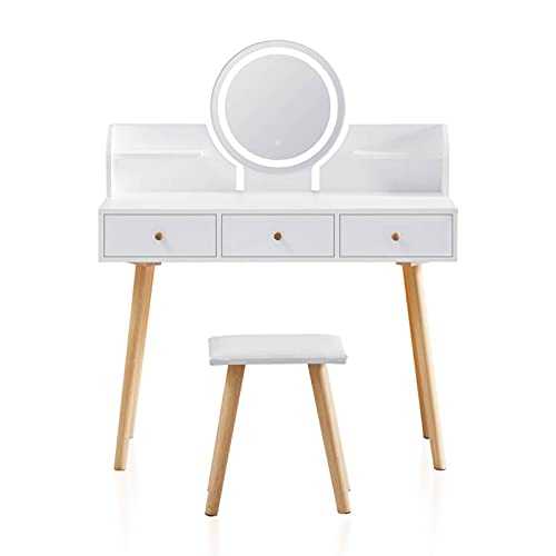 TUKAILAi White Dressing Table Set with LED Lights, Mirror, Storage 3 Drawers and Stool Vanity Makeup Desk Cosmetics Dresser Bedroom Furniture