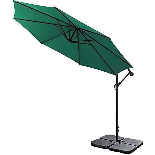 The Fellie 3M Garden Parasol with Crank Handle, Cantilever Umbrella with UV Protection, Outdoor Sun Shade Patio Banana Parasol with Water Sand Filled Base(60L), Green