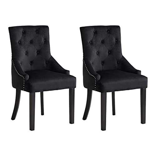 BonChoice Set of 2 Black Velvet Dining Chairs with Knocker Studded Black Legs for Dining Room Kitchen Upholstered Accent Side Chairs for Bedroom, Living Room, Button Tufted Armchair