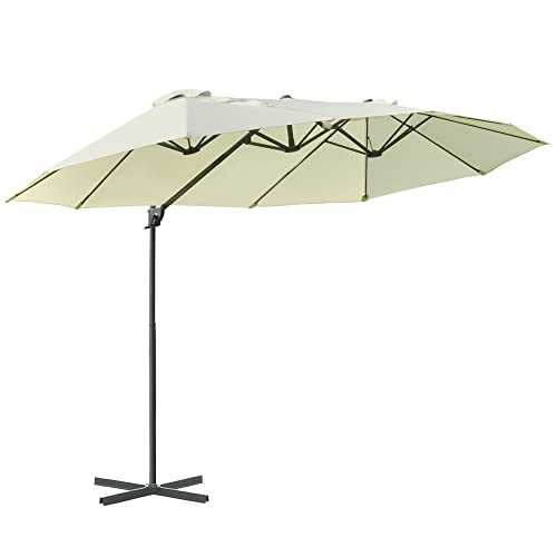 Outsunny Double Parasol Patio Umbrella Garden Sun Shade w/Steel Pole 12 Support Ribs Crank Handle Easy Lift Twin Canopy - Beige