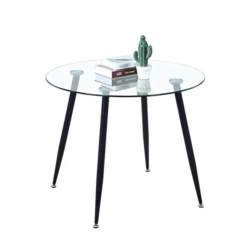 GOLDFAN Round Glass Dining Table Modern Kitchen Tables with Black Metal Legs for Dining Room Home Office Lounge,90CM