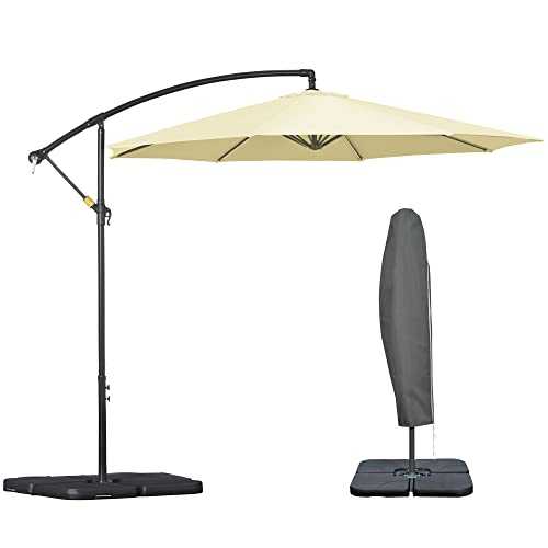 Outsunny 3 Meters Garden Parasol Sun Shade Patio Banana Hanging Rattan Set Umbrella Cantilever w/ Weight & Cover Beige