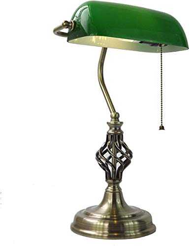 YINGYING Antique Brass Bankers Lamp White/Green Glass Shade Table withPull Switch Office Lights Reading lamp (Color : Green)