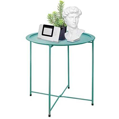Folding Tray Metal Side Table Round End Table, Light Blue Cyan Sofa Small Accent Fold-able Table, Round End Table Tray, Next to Sofa Table, Snack Table for Living Room and Bed Room Garden 6 you