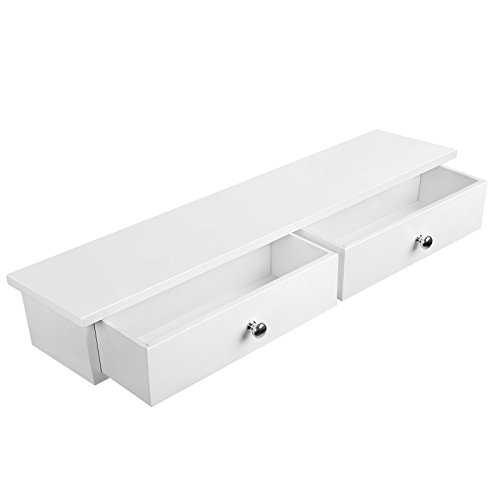 SONGMICS Wall Shelf, Floating Shelf with 2 Drawers, High Gloss Finish, Holds up to 15 kg, 65 x 15 x 10 cm, for Entryway, Living Room, Kitchen, White LWS65WT