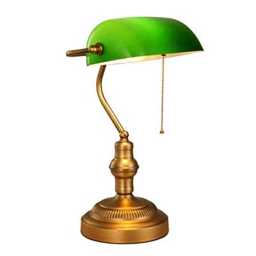 Desk Lamp Study Office Retro Traditional Lighting Bedside Lamp Rotatable Green Thick Glass Shade Polished Antique Brass Carving Metal Round Base Bankers Table Lamp E27 with Pull Line Switch