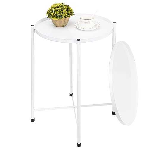 End Table, Round Metal Side Table with 2 Tiers, Indoor & Outdoor Anti-Rust and Waterproof Small Table, Living Room Drink Snack Coffee Tables with Removable Tray, Bedside Nightstand(White)