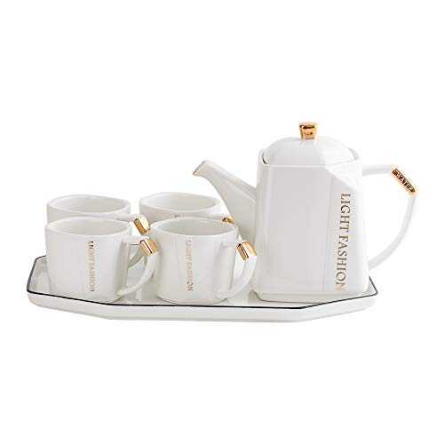 White Porcelain Tea Set Tea Gift Sets Tea Set with Tray，Tea Cup Teapot Set，Tea Pot 40oz/1180ml with Filter Holes, 4 Cups 8oz/225ml, Modern Tea Set for Tea/Coffee/Water